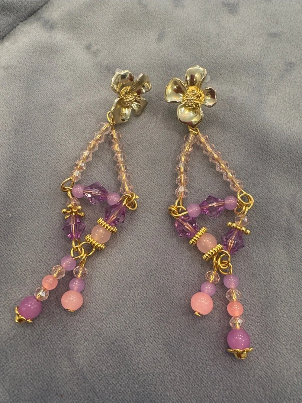 Gold Floral Drop Earrings with Pink and Purple Beads-NWT